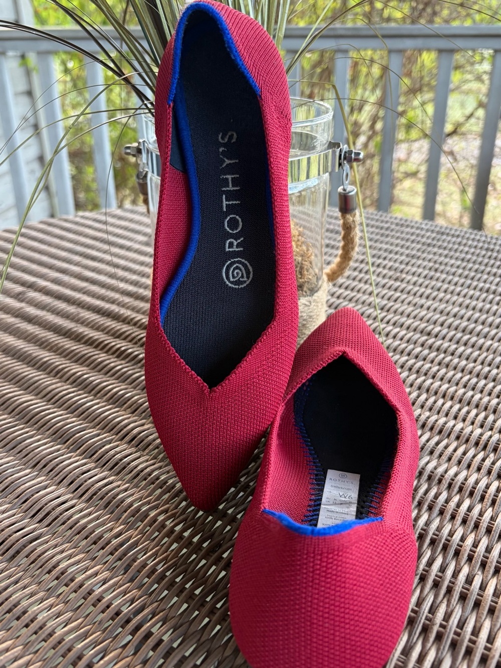 Rothy's Pointed Ballet Flat in Berry Red with Blue Trim